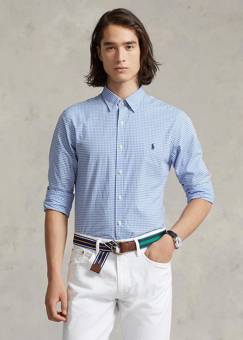Koszula Polo Ralph Lauren Męska Niebieskie Wąskie Fit Checked Stretch Poplin 145307-IYE